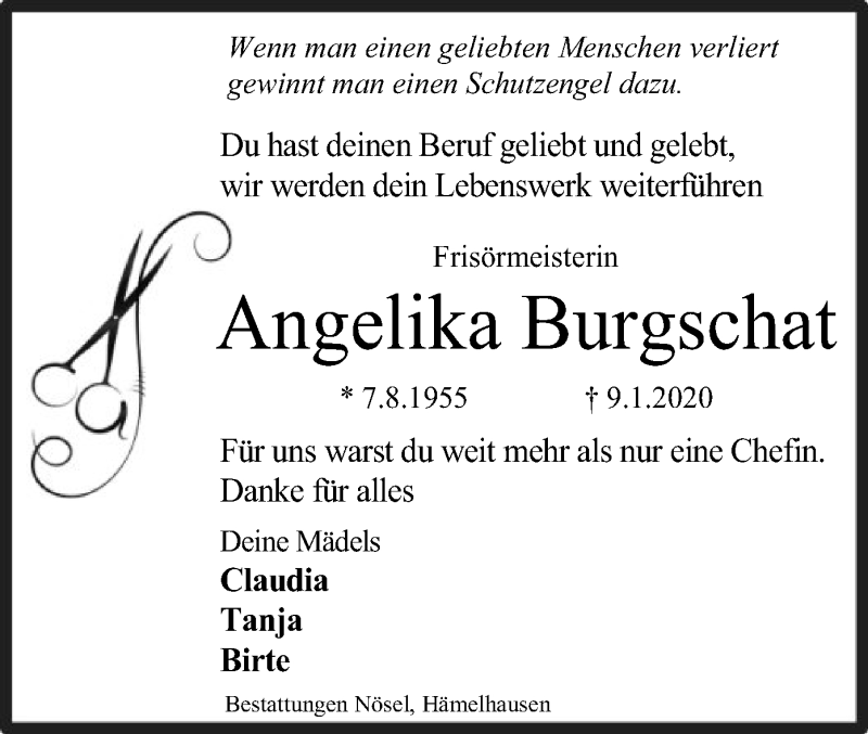  Traueranzeige für Angelika Burgschat vom 14.01.2020 aus SYK