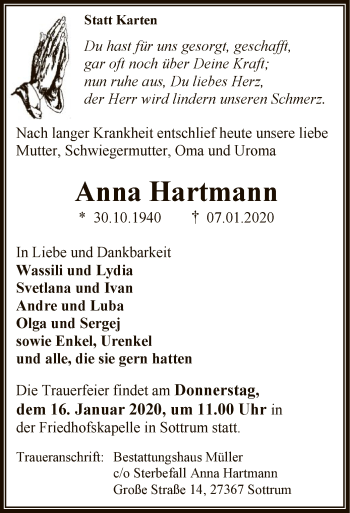 Traueranzeige von Anna Hartmann von SYK