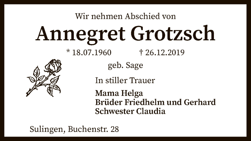  Traueranzeige für Annegret Grotzsch vom 31.12.2019 aus SYK