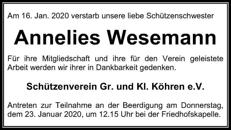  Traueranzeige für Annelies Wesemann vom 18.01.2020 aus SYK