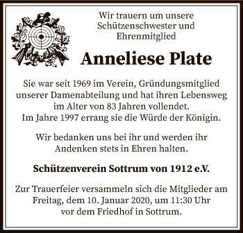 Traueranzeige von Anneliese Plate von SYK