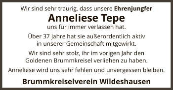 Traueranzeige von Anneliese Tepe von SYK