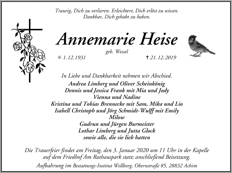  Traueranzeige für Annemarie Heise vom 28.12.2019 aus SYK