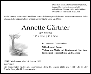 Traueranzeige von Annette Gärtner von SYK