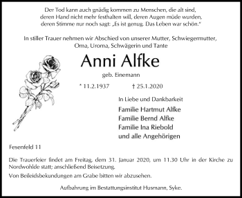 Traueranzeige von Anni Alfke von SYK