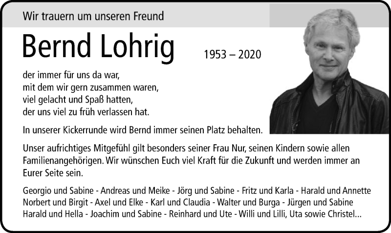  Traueranzeige für Bernd Lohrig vom 18.01.2020 aus SYK