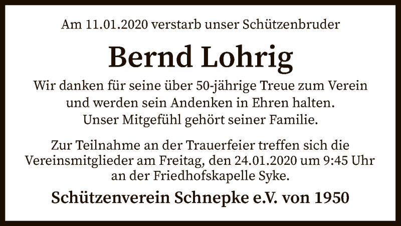  Traueranzeige für Bernd Lohrig vom 18.01.2020 aus SYK