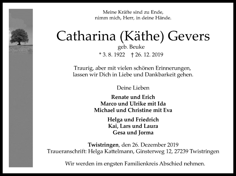  Traueranzeige für Catharina Käthe Gevers vom 31.12.2019 aus SYK