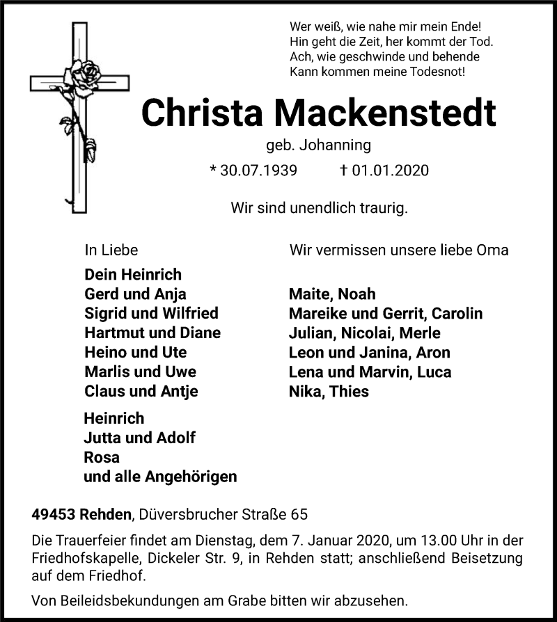  Traueranzeige für Christa Mackenstedt vom 04.01.2020 aus SYK
