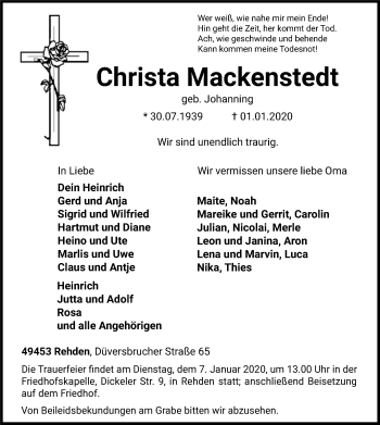 Traueranzeige von Christa Mackenstedt von SYK