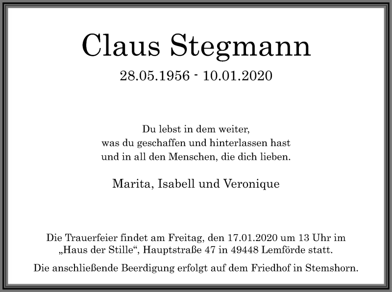  Traueranzeige für Claus Stegmann vom 14.01.2020 aus SYK