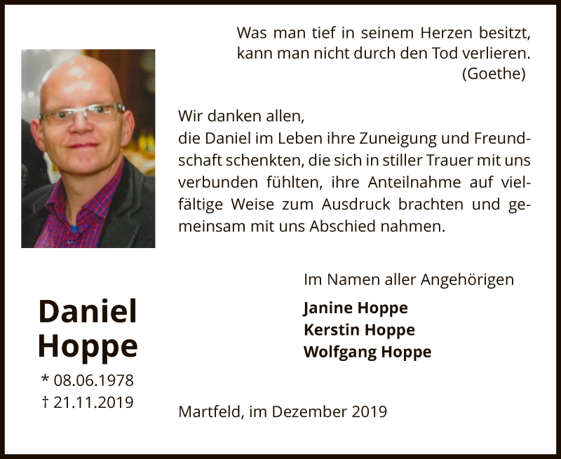 Traueranzeige für Daniel Hoppe vom 28.12.2019 aus SYK
