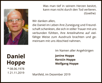 Traueranzeige von Daniel Hoppe von SYK