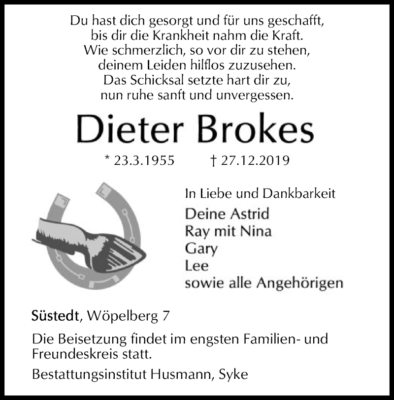  Traueranzeige für Dieter Brokes vom 04.01.2020 aus SYK