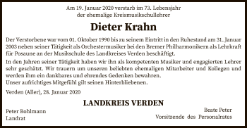 Traueranzeige von Dieter Krahn von SYK