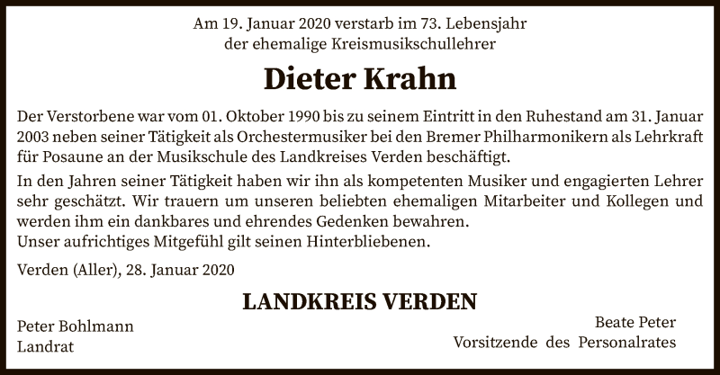  Traueranzeige für Dieter Krahn vom 28.01.2020 aus SYK