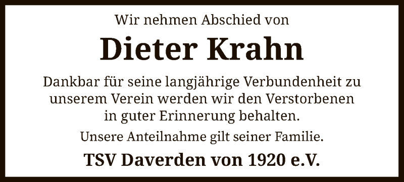  Traueranzeige für Dieter Krahn vom 27.01.2020 aus SYK