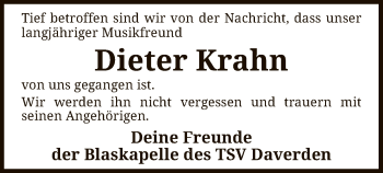 Traueranzeige von Dieter Krahn von SYK