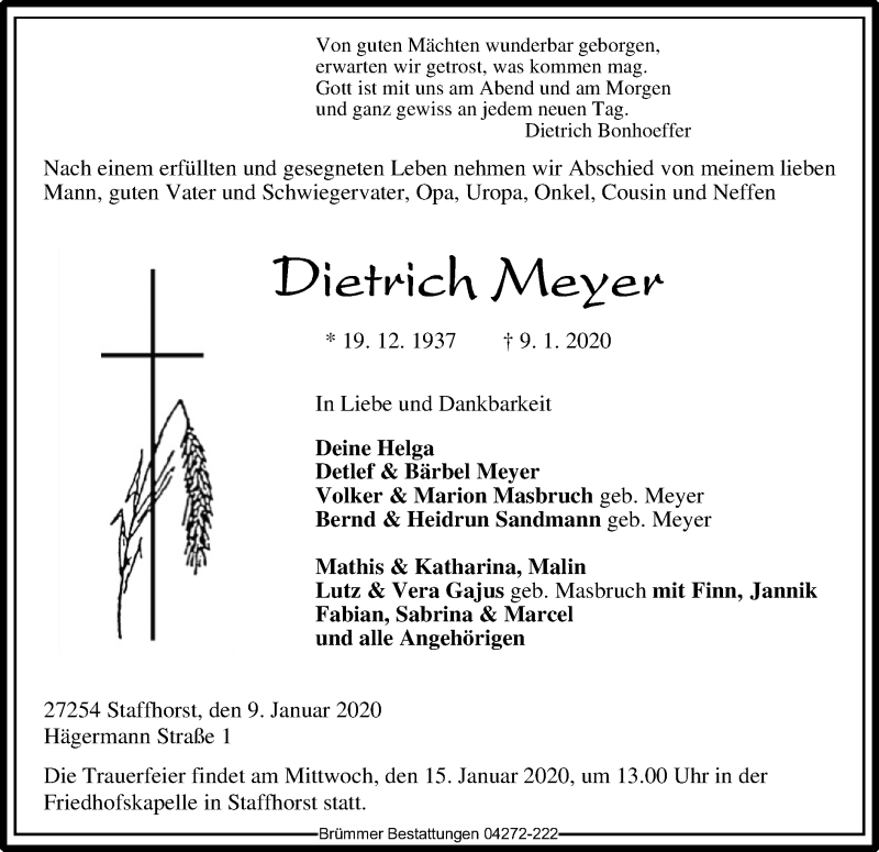  Traueranzeige für Dietrich Meyer vom 11.01.2020 aus SYK