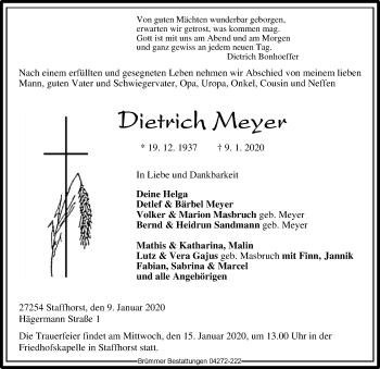 Traueranzeige von Dietrich Meyer von SYK