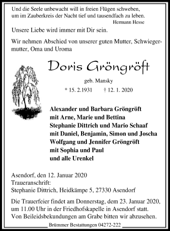 Traueranzeige von Doris Gröngröft von SYK