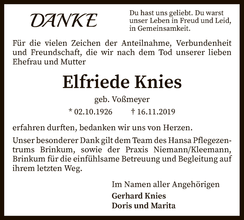  Traueranzeige für Elfriede Knies vom 28.12.2019 aus SYK