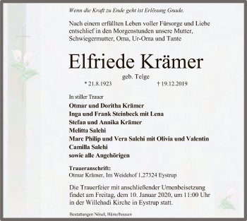 Traueranzeige von Elfriede Krämer von SYK