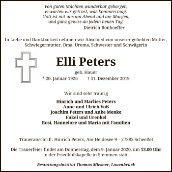 Traueranzeige von Elli Peters von SYK