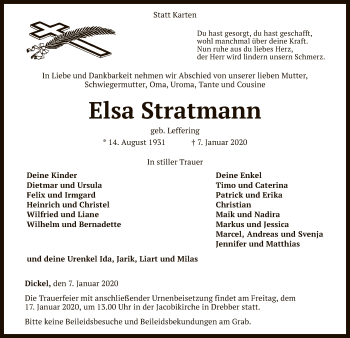 Traueranzeige von Elsa Stratmann von SYK