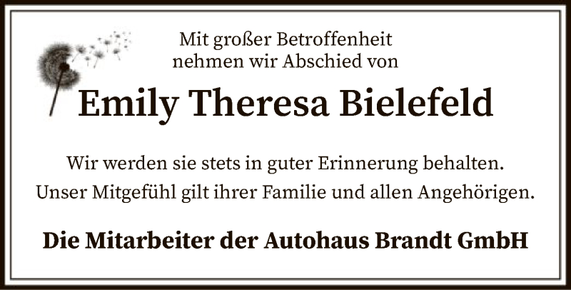  Traueranzeige für Emily Theresa Bielefeld vom 02.01.2020 aus SYK