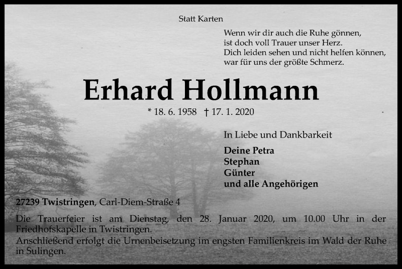  Traueranzeige für Erhard Hollmann vom 23.01.2020 aus SYK