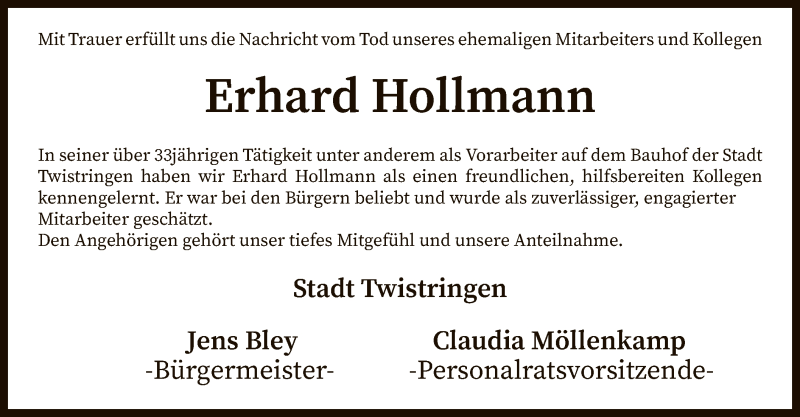  Traueranzeige für Erhard Hollmann vom 24.01.2020 aus SYK