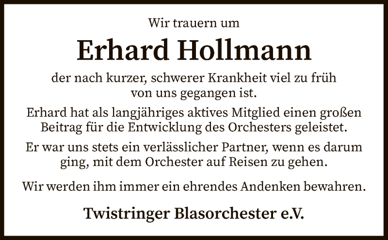 Traueranzeige für Erhard Hollmann vom 24.01.2020 aus SYK