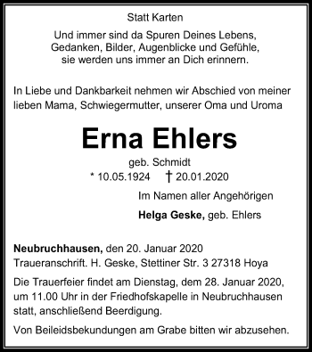 Traueranzeige von Erna Ehlers von SYK