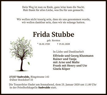 Traueranzeige von Frida Stubbe von SYK