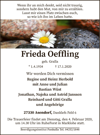 Traueranzeige von Frieda Oeffling von SYK