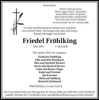 Traueranzeige von Friedel Fröhlking von SYK