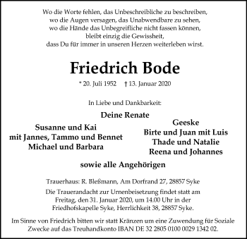 Traueranzeige von Friedrich Bode von SYK