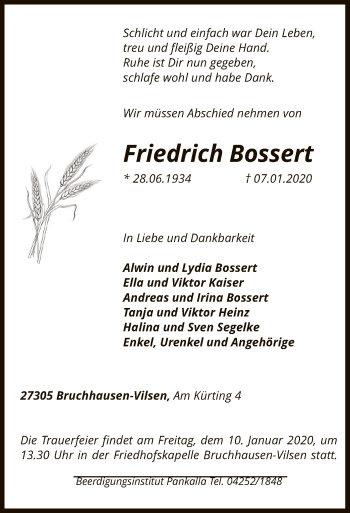 Traueranzeige von Friedrich Bossert von SYK