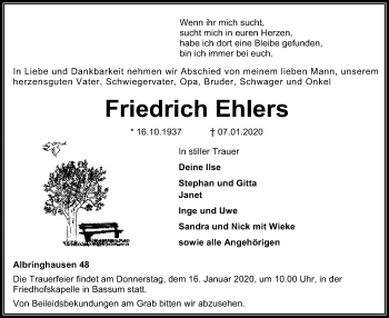 Traueranzeige von Friedrich Ehlers von SYK