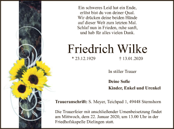 Traueranzeige von Friedrich Wilke von SYK