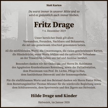 Traueranzeige von Fritz Drage von SYK