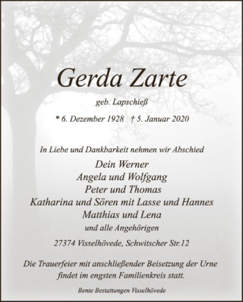 Traueranzeige von Gerda Zarte von SYK