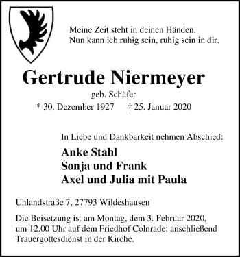 Traueranzeige von Gertrude Niermeyer von SYK
