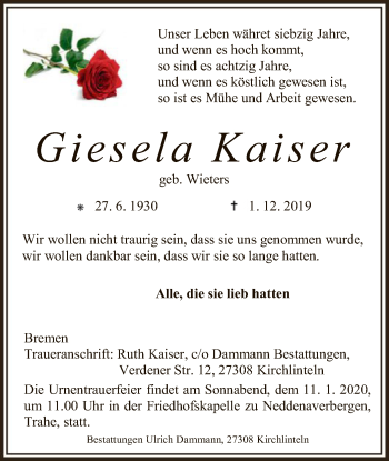 Traueranzeige von Giesela Kaiser von SYK