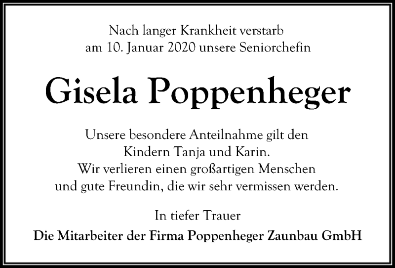  Traueranzeige für Gisela Poppenheger vom 18.01.2020 aus SYK