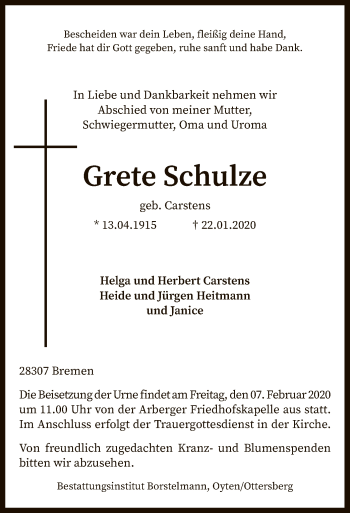 Traueranzeige von Grete Schulze von SYK