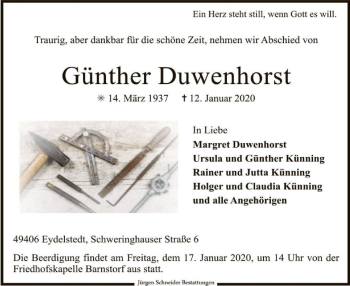 Traueranzeige von Günther Duwenhorst von SYK