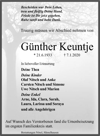 Traueranzeige von Günther Keuntje von SYK