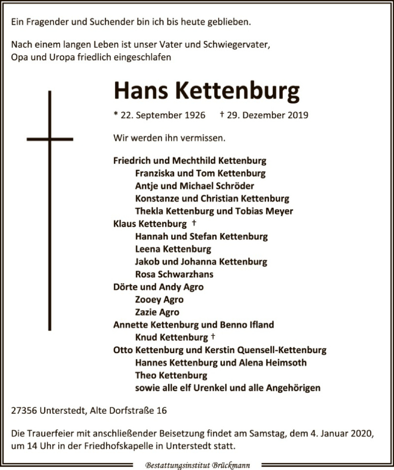  Traueranzeige für Hans Kettenburg vom 31.12.2019 aus SYK